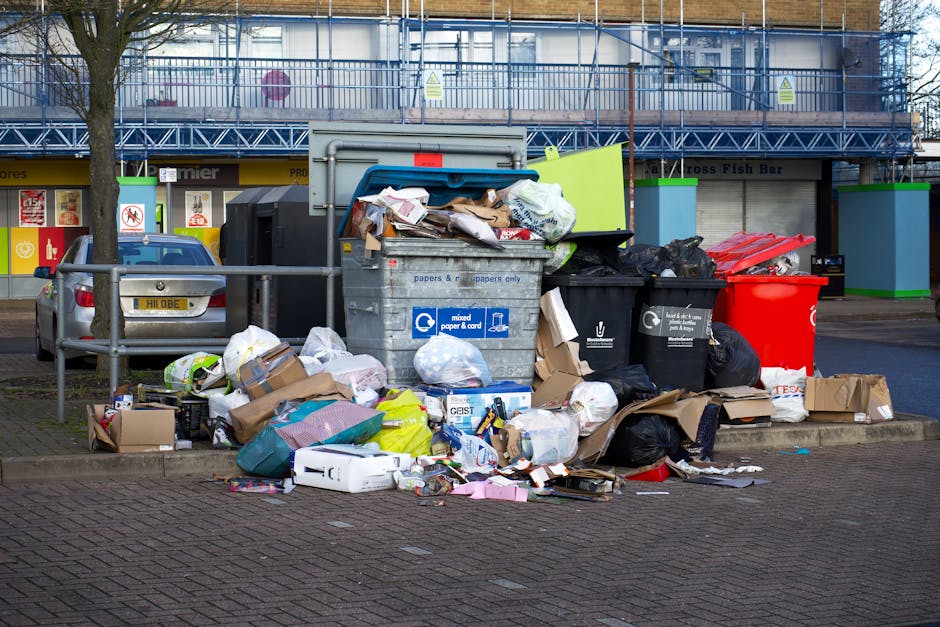 The image depicts a residential street with red brick terraced houses, where a row of black refuse bins is lined up along the pavement. The bins, made of plastic with lids, are positioned on the sidew